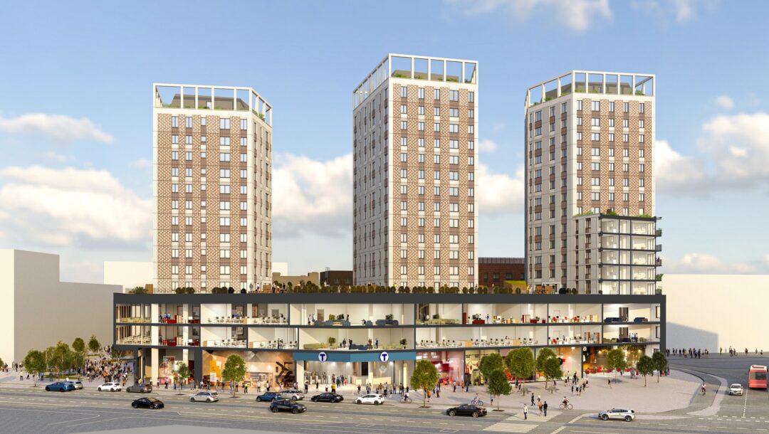 Ett modernt kvarter med bostäder opch kommersiella lokaler, omgivet av torg, gator och människor.