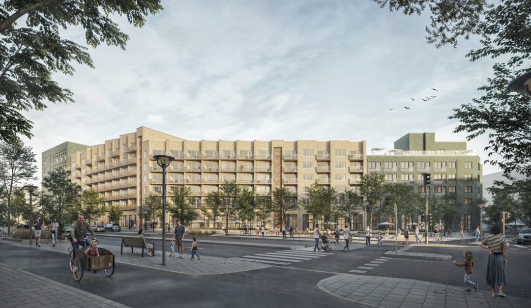 Titanias kvarter 12 vid Hässlöplatsen i Barkarbystaden. Här finns fyra lokaler för kommersiell verksamhet, där Nordic Wellness är en av hyresgästerna. Hörnlokalen har egen hiss upp till takterrassen där det planeras för restaurang. (Visionsbild: Titania)