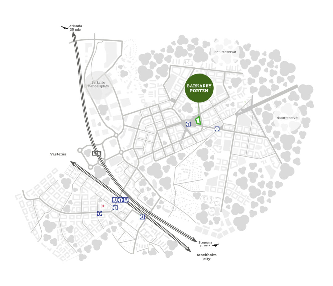Illustration över var  Barkarbyporten ligger i staden