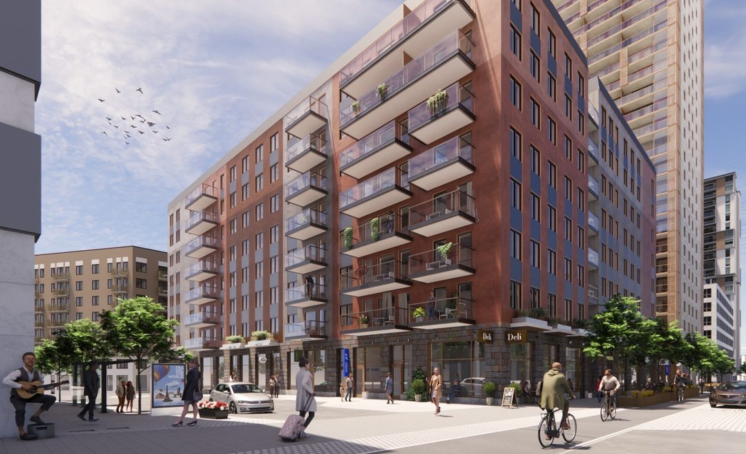 Visionsbild av Reliwes nya kvarter i Barkarbystaden vid tunnelbanan.
